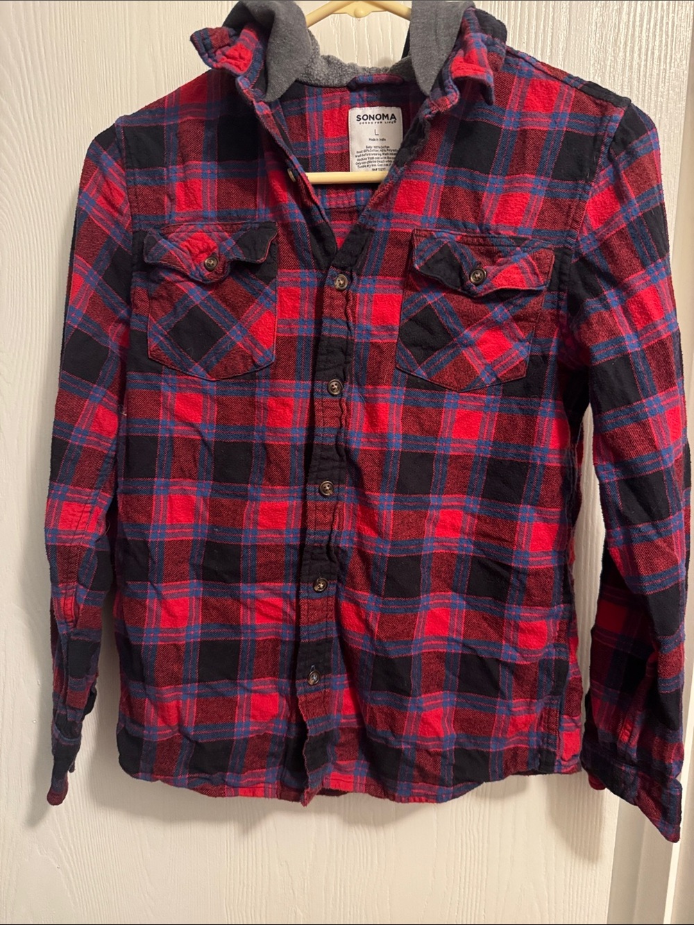 Sonoma Red and Navy Plaid Button-Down Hooded Shirt